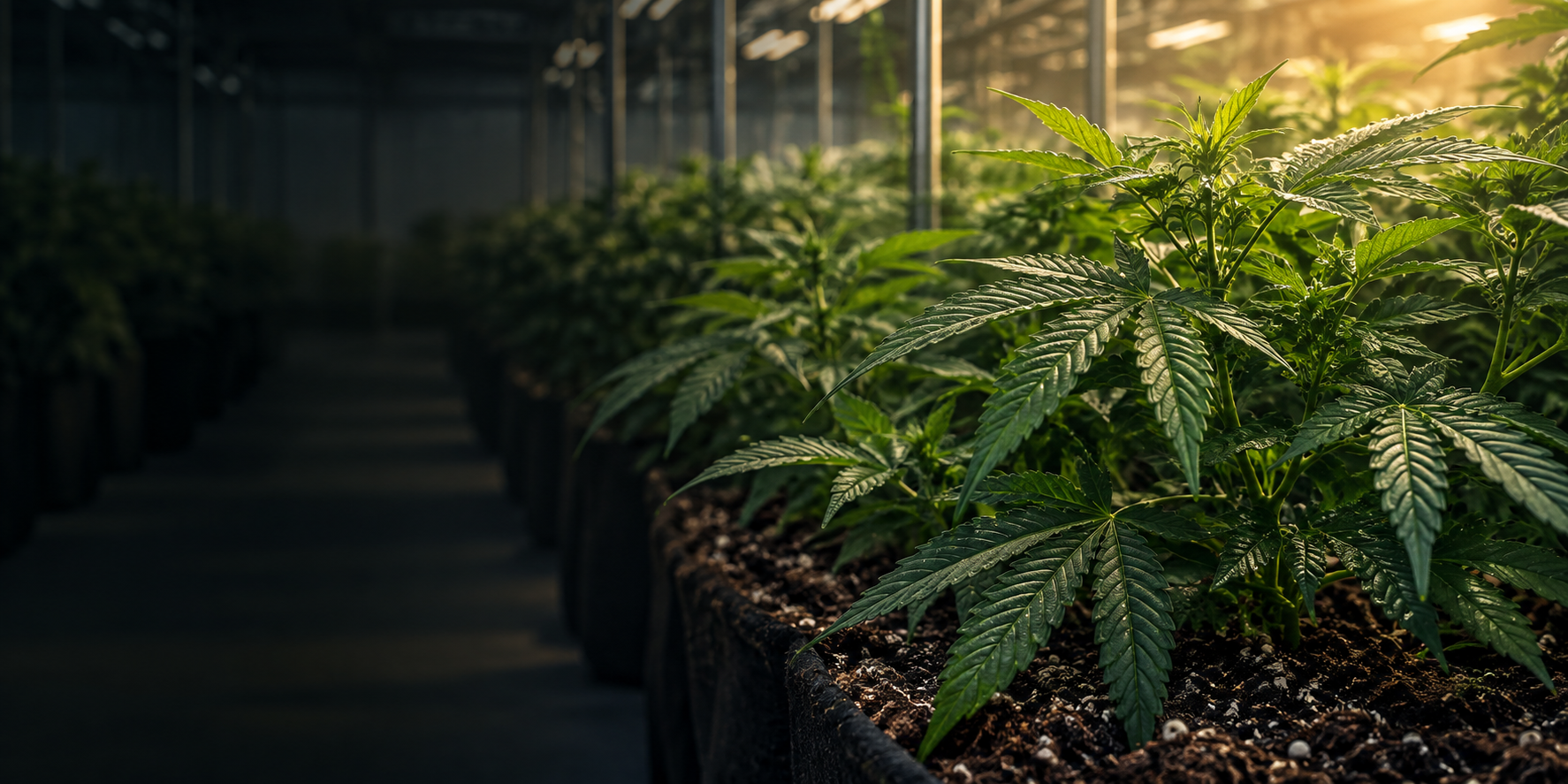 Healthy green cannabis plants growing in a controlled indoor environment